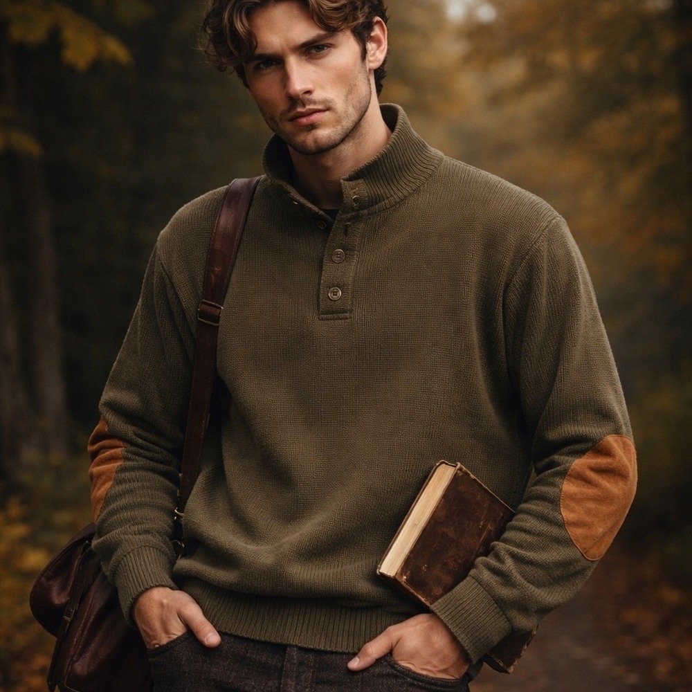 Olive Ribbed Henley‎ Pullover w Suede Elbow Patches Mens XL Academia Equestrian